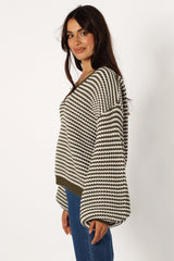 Becca Crewneck Waffle Stitch Stripe Knit Sweater Olive