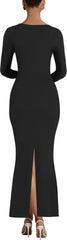 Sexy Long Sleeve Square Neck Bodycon Maxi Dress Split Cocktail Formal Long Dresses
