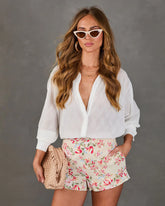 Garden Romantic Floral Linen Mid Rise Shorts