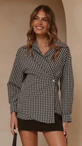Valia Asymmetrical Button Up Shirt Black White Plaid