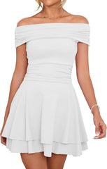 The Shoulder Mini Dress Ruffle Hem Ruched Corset Short Cocktail Party Dresses