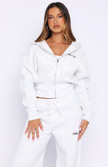 Wishing For It Cropped Cinched Zip Front Hoodie Grey Marle