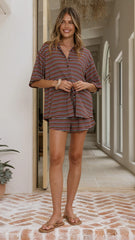 Tali Button Up Shirt and Shorts Set Brown Blue Stripe