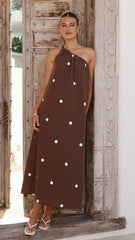 Nasira One Shoulder Maxi Dress Chocolate White Polka Dot