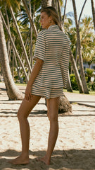 Lacole Button Up Shirt and Shorts Set Beige Green Stripe
