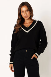 Dominique Contrast Vneck Knit Sweater Black Cream