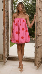 Everly Strapless Mini Dress Pink Red Polka