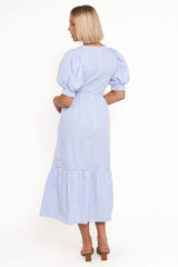 Steele Puff Sleeve Midi Dress Blue Stripe