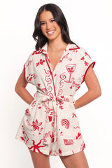 Kensie Tie Waist Romper Red