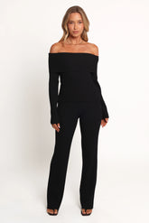 Gindie Ribbed Knit Off The Shoulder Pant Set Black