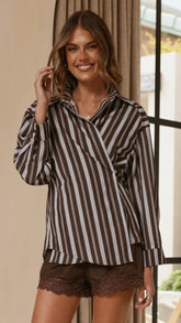 Valia Asymmetrical Button Up Shirt Brown Blue Stripe