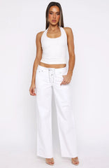 Making Appearances Mid Rise Lace Up Straight Leg Jeans White