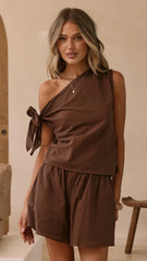Zahavah Off Shoulder Top and Shorts Set Chocolate