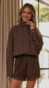 Nessie Funnel Neck Jacket Chocolate Blue Polka