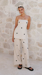 Kailani Strapless Top and Pants Set Oatmeal Black Polka Dot