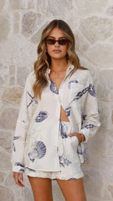 Candelaria Button Up Shirt and Shorts Set Shell Print