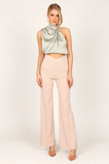 Arabella High Neck Drape Satin Top Olive