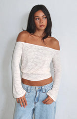 Dancing In The Rain Off Shoulder Long Sleeve Top Cream