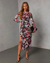 Rusted Bloom Printed Mesh Midi Dress
