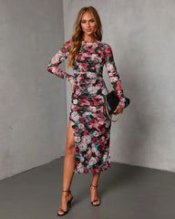 Rusted Bloom Printed Mesh Midi Dress