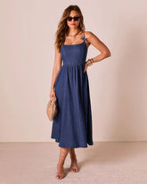 Tide To Me Bow Strap Midi Chambray Dress