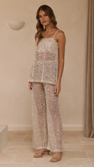 Zarina Sequin Long Line Top and Pants Set Beige