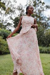 Mena Pleated Maxi Skirt Blurred Pink Floral