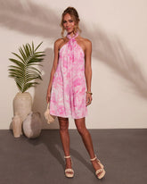 Tropic Bloom Floral Print Halter Neck Mini Dress