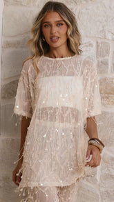 Zabby Sequin Oversized T Shirt Beige