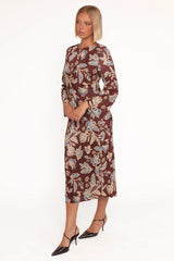 Morena Long Sleeve Midi Dress Brown Floral