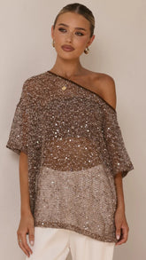 Zinnie Sequins Off Shoulder Top Mocha