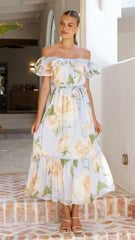 Chase Off Shoulder Maxi Dress Blue Peach Floral