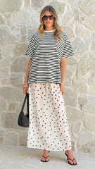 Elisha T Shirt and Sheer Maxi Skirt Set Black White Stripe and Polka Dot