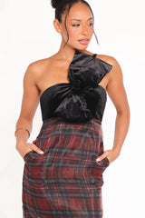 Amelie Bow Front One Shoulder Midi Dress Red Plaid