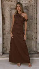 Larissa One Shoulder Maxi Dress Brown