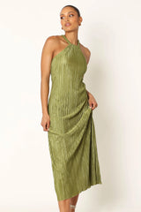 Melody Plisse Halter Maxi Dress Olive