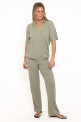 Yulissa Wide Ribbed Pant Set Khaki Green