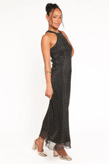 Melody Plisse Halter Maxi Dress Black Gold Polka Dot