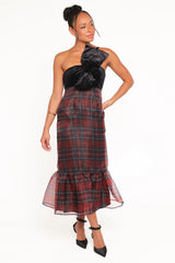 Amelie Bow Front One Shoulder Midi Dress Red Plaid