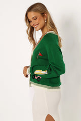 Golf Embroidered Patch Button Front Cardigan Field Green