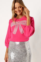 June Embellished Bow Knit Sweater Hot Pink