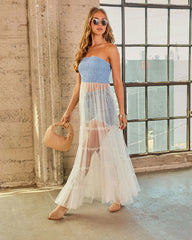 Leannie Smocked Chambray Tulle Top