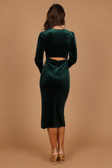 Lisse Twist Front Long Sleeve Velvet Midi Dress Emerald