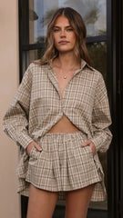Arli Button Up Shirt Beige Brown Plaid
