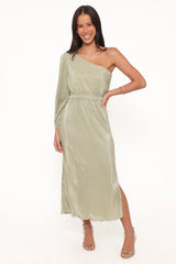 Pontee One Shoulder Pleated Midi Dress Sage Green