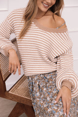 Becca Crewneck Waffle Stitch Stripe Knit Sweater Tan