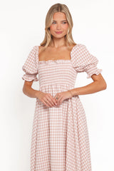Siun Short Sleeve Midi Dress Brown Gingham