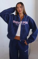 Just For Now Fleece Boxy Zip Front Hoodie Navy