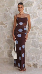 Loralei Mesh Maxi Dress Brown Blue Polka Dot