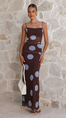 Loralei Mesh Maxi Dress Brown Blue Polka Dot